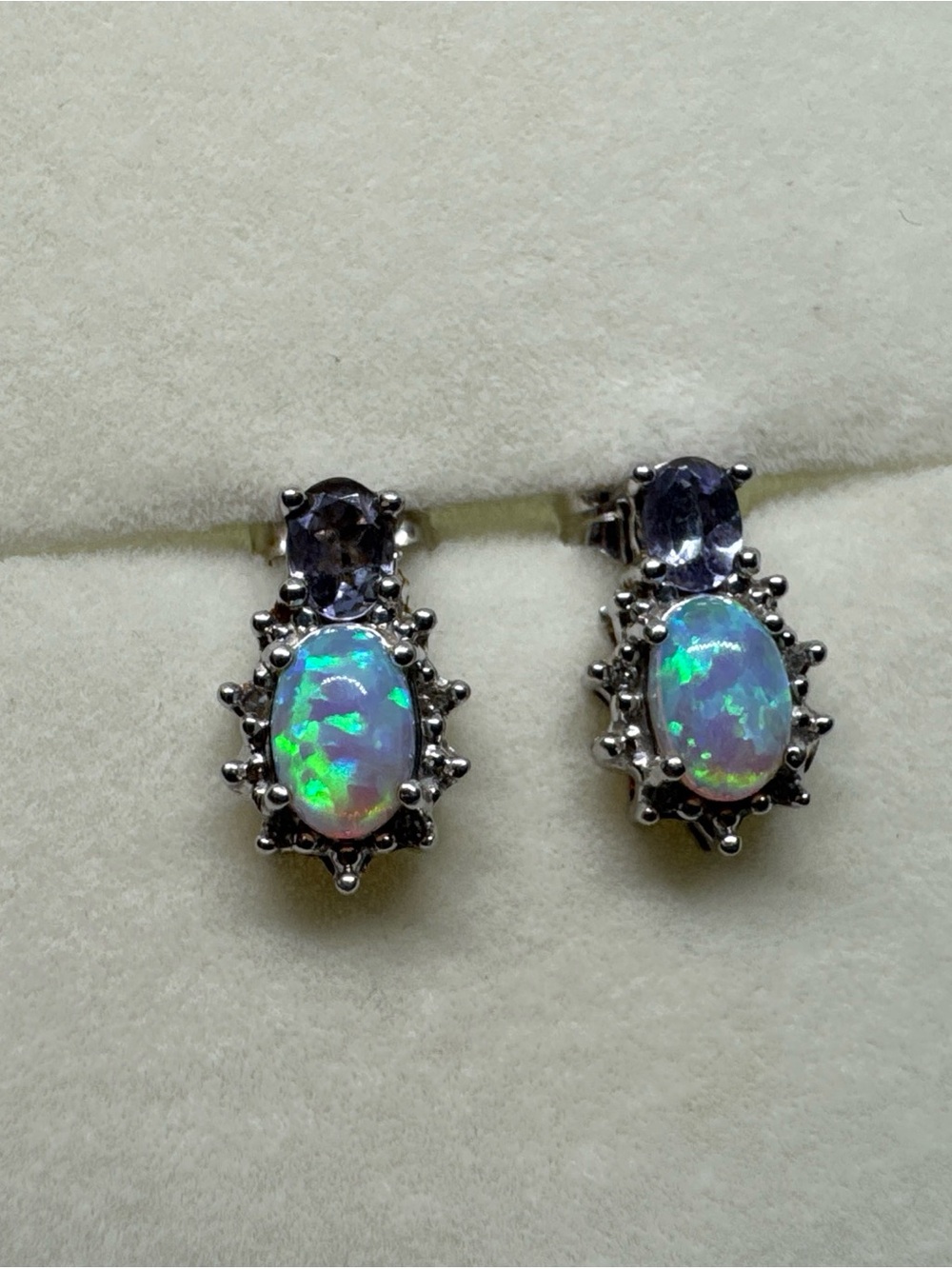 10K White Gold Opal Tanzanite Diamond Accent Stud Pierced Earrings